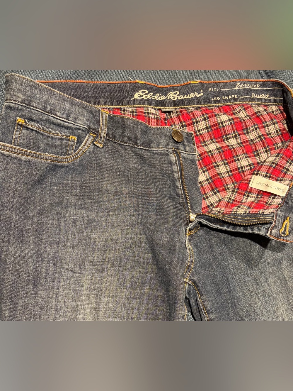 Eddie Bauer Flannel Lined Boyfriend Jeans - Size 14 | Relaxed Leg Plaid Lined De